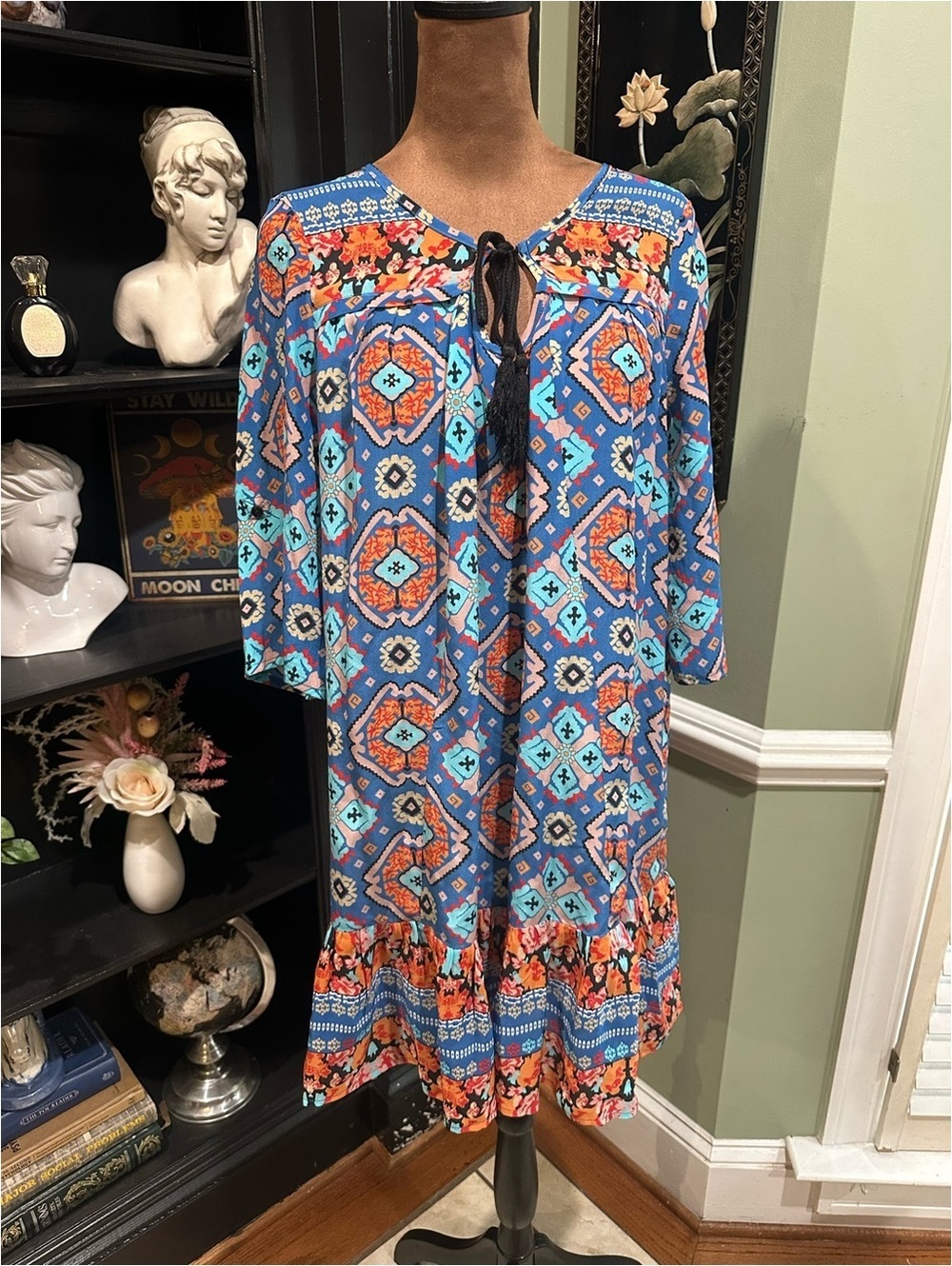 Tolani 100% Silk Boho Peasant Dress – Blue & Orange Geometric Print – Size XS